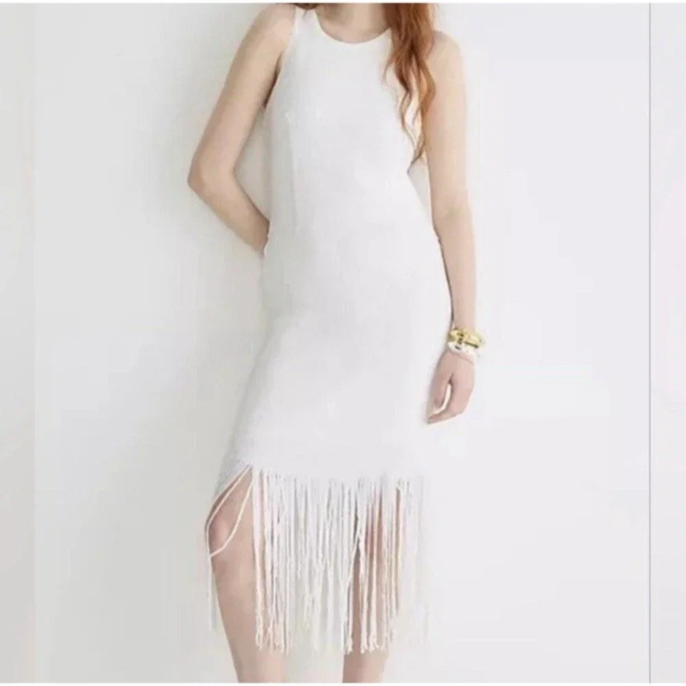 NWOT J. Crew Collection White Fringe Trim with Sequins Sheath Dress Size 6